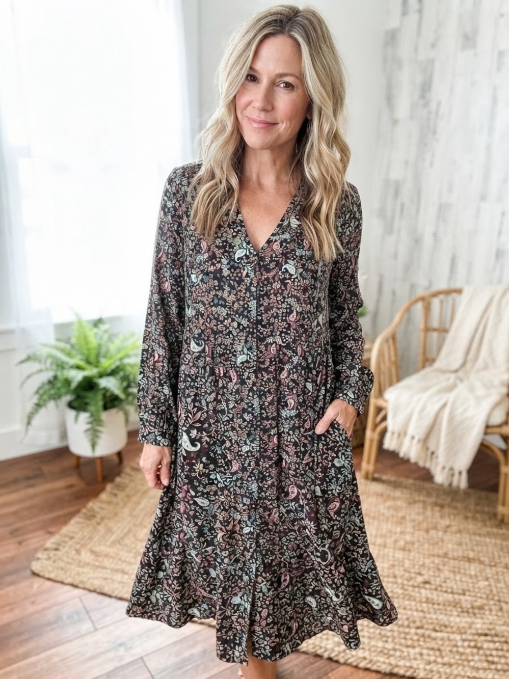 NWT J.Jill Petite M Floral Paisley Midi Dress Pockets